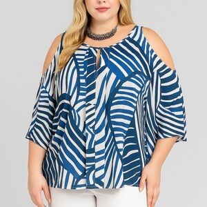 GRACE Blue White Striped Cold Shoulder Blouse Plus Size XL